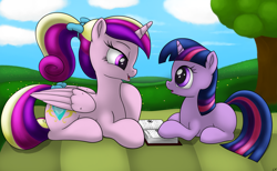 Size: 2188x1346 | Tagged: safe, artist:conscious-aberration, princess cadance, twilight sparkle, alicorn, pony, foal, young