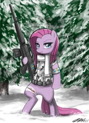 Size: 800x1100 | Tagged: safe, artist:johnjoseco, pinkie pie, earth pony, pony, bandage, bipedal, blood, gun, injured, looking at you, pinkamena diane pie, rifle, snow, weapon