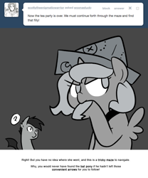 Size: 666x800 | Tagged: safe, artist:egophiliac, princess luna, oc, oc:frolicsome meadowlark, bat pony, pony, cartographer's cap, filly, grayscale, hat, monochrome, moonstuck, woona, younger