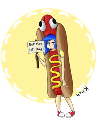 Size: 612x792 | Tagged: safe, artist:kprovido, princess luna, human, clothes, converse, costume, food, hot dog, humanized, luna is not amused, meat, sausage, shoes, sign, solo, unamused