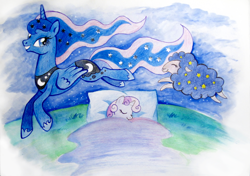 Size: 3768x2648 | Tagged: safe, artist:chimajra, princess luna, sweetie belle, alicorn, pony, sheep, cute, dream walker luna, sleeping, traditional art