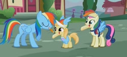 Size: 771x350 | Tagged: safe, screencap, bon bon, noi, rainbow dash, sweetie drops, pegasus, pony, the mysterious mare do well, clothes, hat, shirt, wig