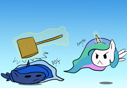 Size: 6250x4356 | Tagged: safe, artist:icesticker, princess celestia, princess luna, alicorn, pony, :<, absurd resolution, angry, blob ponies, chubbie, frown, glare, hammer, hitting, jumping, levitation, lunadoodle, magic, mallet, one word, squishy, telekinesis, too many ponies