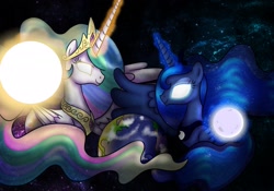 Size: 2217x1551 | Tagged: safe, artist:richardinya, princess celestia, princess luna, alicorn, pony, earth, glowing eyes, glowing horn, magic, moon, sun