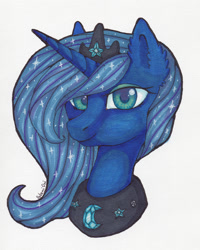 Size: 2000x2500 | Tagged: safe, artist:0okami-0ni, princess luna, alicorn, pony, bust, female, looking at you, mare, marker drawing, signature, simple background, solo, traditional art, white background