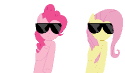Size: 425x250 | Tagged: safe, artist:tomdantherock, fluttershy, pinkie pie, pegasus, pony, animated, bipedal, dancing, drop it like it's hot, rap, simple background, snoop dogg, sunglasses, swag, transparent background