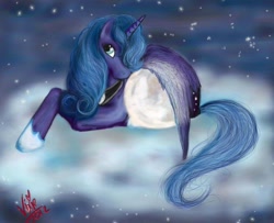 Size: 2094x1698 | Tagged: safe, artist:vixetra, princess luna, alicorn, pony, cloud, hug, moon, night, prone, s1 luna, solo, tangible heavenly object, winghug