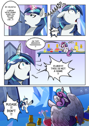 Size: 2480x3507 | Tagged: safe, artist:dormin-dim, princess flurry heart, shining armor, alicorn, pony, unicorn, comic:chaotic wings, blatant aliasing, comic, cute, dialogue, eyes closed, father and child, father and daughter, female, filly, glowing horn, male, parent and child, shelf, smiling, speech bubble, stallion, waving, worried