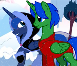 Size: 1785x1521 | Tagged: safe, artist:asika-aida, princess luna, oc, alicorn, pony, alicorn oc, cloak, clothes, duo, hoodie, snow