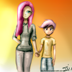 Size: 1280x1280 | Tagged: safe, artist:johnjoseco, artist:trelwin, pinkie pie, scootaloo, human, clothes, duo, holding hands, hoodie, humanized, pinkamena diane pie