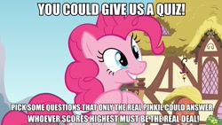 Size: 960x540 | Tagged: safe, edit, edited screencap, screencap, pinkie pie, earth pony, pony, too many pinkie pies, alternate ending, female, hooves together, image macro, mare, solo