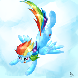 Size: 1500x1500 | Tagged: safe, artist:poneebill, rainbow dash, pegasus, pony, blue coat, female, flying, mare, multicolored mane