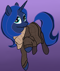 Size: 1280x1517 | Tagged: safe, artist:tanmansmantan, princess luna, alicorn, pony, clothes, gradient background, heart eyes, scarf, simple background, solo, sweater, wingding eyes