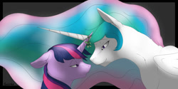 Size: 1280x640 | Tagged: safe, artist:backlash91, princess celestia, twilight sparkle, twilight sparkle (alicorn), alicorn, pony, female, lesbian, mare, shipping, twilestia