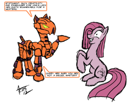 Size: 900x726 | Tagged: safe, artist:cynos-zilla, pinkie pie, earth pony, pony, robot, crossover, droid, hk-47, knights of the old republic, meatbag, pinkamena diane pie, star wars, totally not a shipping