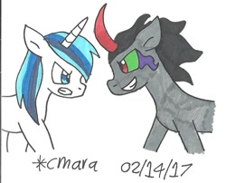 Size: 810x656 | Tagged: safe, artist:cmara, king sombra, shining armor, pony, unicorn, confrontation, traditional art