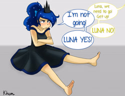 Size: 3300x2550 | Tagged: safe, artist:kprovido, princess luna, human, barefoot, black dress, blushing, clothes, dialogue, dress, feet, grumpy, humanized, implied princess celestia, luna is not amused, no, offscreen character, pouting, sitting, soles, solo, speech bubble, unamused, yes