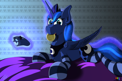 Size: 4500x3000 | Tagged: safe, artist:pedalspony, artist:raptorpwn3, princess luna, alicorn, pony, bed, clothes, cute, female, food, games, levitation, livestream, magic, mare, pricess, sheet, socks, solo, striped socks, telekinesis, thigh highs, video game, waffle, xbox, xbox one