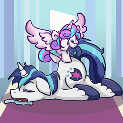 Size: 1024x1024 | Tagged: safe, artist:yoshimarsart, princess flurry heart, shining armor, alicorn, pony, unicorn, a flurry of emotions, bags under eyes, biting, drool, eyes closed, father and child, father and daughter, floppy ears, majestic as fuck, male, messy mane, parent and child, prone, sleeping, tail bite, watermark