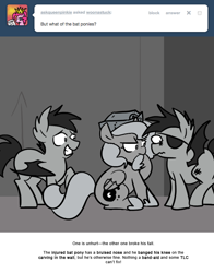 Size: 666x851 | Tagged: safe, artist:egophiliac, princess luna, oc, oc:frolicsome meadowlark, oc:sunshine smiles (egophiliac), bat pony, pony, bruised, cartographer's nursing cap, eyepatch, filly, grayscale, hat, monochrome, moonstuck, woona, younger