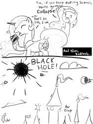 Size: 600x800 | Tagged: safe, artist:cogweaver, princess celestia, princess luna, alicorn, pony, black hole, cake, cakelestia, canterlot, comic, food, monochrome