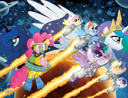 Size: 981x756 | Tagged: safe, artist:tonyfleecs, idw, applejack, fluttershy, pinkie pie, princess celestia, princess luna, rainbow dash, rarity, twilight sparkle, twilight sparkle (alicorn), alicorn, earth pony, pegasus, pony, unicorn, astrodash, astronaut, bubble, clothes, cover, female, jetpack, jetpack comics, mane six, mare, mars, mask, ponies in space, scuba, scuba gear, space, spacesuit