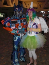 Size: 720x960 | Tagged: safe, princess celestia, twilight sparkle, bronycon, cosplay, irl, optimus prime, photo, plushie, transformers