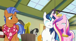 Size: 852x468 | Tagged: safe, screencap, octavia melody, princess cadance, rainbow dash, shining armor, spearhead, alicorn, earth pony, pegasus, pony, unicorn, a flurry of emotions, clothes, crown, crying, discovery family logo, eyes closed, jewelry, regalia, sad armor, scarf