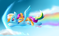 Size: 1800x1100 | Tagged: safe, artist:darkdragon59, rainbow dash, scootaloo, pegasus, pony, ponies riding ponies, riding