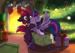 Size: 3508x2480 | Tagged: safe, artist:rainihorn, fizzlepop berrytwist, tempest shadow, twilight sparkle, twilight sparkle (alicorn), alicorn, pony, unicorn, my little pony: the movie, blushing, boop, broken horn, christmas, christmas stocking, christmas tree, christmas wreath, clothes, cute, eye scar, eyes closed, female, fireplace, floppy ears, frown, holiday, horn, kissing, lesbian, mare, mistletoe, nose kiss, nose wrinkle, noseboop, open mouth, present, scar, shipping, sitting, smiling, spread wings, stockings, surprise kiss, surprised, tempestlight, thigh highs, tree, wide eyes, wings, wreath