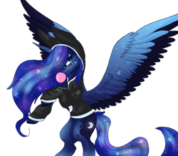 Size: 1000x875 | Tagged: safe, artist:zephyrii, princess luna, alicorn, pony, bubblegum, clothes, food, gum, hoodie, rearing, simple background, solo, spread wings, transparent background