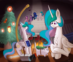 Size: 2700x2300 | Tagged: safe, artist:passigcamel, princess cadance, princess celestia, princess luna, twilight sparkle, twilight sparkle (alicorn), alicorn, cat, pony, chest fluff, christmas, christmas tree, clothes, ear fluff, female, fireplace, food, hammer, holiday, iron man, long neck, mare, mjölnir, pickle, princess necklestia, royal sisters, stockings, thigh highs, tree, war hammer