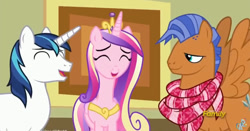 Size: 852x446 | Tagged: safe, screencap, princess cadance, shining armor, spearhead, alicorn, pony, unicorn, a flurry of emotions, art exhibition, spread wings, wings