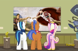 Size: 699x462 | Tagged: safe, edit, princess cadance, shining armor, spearhead, alicorn, pony, unicorn, a flurry of emotions, chris jericho, fine art parody, kevin owens, parody, photoshop, the creation of adam, the creation of kevin, the festival of friendship, wwe