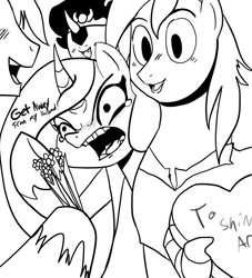 Size: 725x800 | Tagged: safe, artist:klondike, king sombra, princess cadance, shining armor, alicorn, pony, unicorn, crying, monochrome