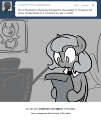 Size: 666x800 | Tagged: safe, artist:egophiliac, princess luna, oc, oc:tim (egophiliac), alicorn, pony, ask, average woona, comic, filly, grayscale, monochrome, moonstuck, solo, tim, tumblr, woona, younger