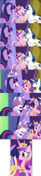 Size: 1500x6400 | Tagged: safe, screencap, princess cadance, princess flurry heart, shining armor, twilight sparkle, twilight sparkle (alicorn), alicorn, pony, unicorn, a flurry of emotions, absurd resolution, hug, ponies riding ponies, screencap comic, twilight's castle