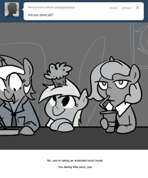 Size: 666x800 | Tagged: safe, artist:egophiliac, derpy hooves, lyra heartstrings, princess luna, alicorn, pony, ask, average woona, chopsticks, comic, filly, food, grayscale, how, monochrome, moonstuck, muffin, tumblr, woona, younger