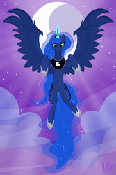Size: 2000x3000 | Tagged: safe, artist:virenth, princess luna, alicorn, pony, cloud, crepuscular rays, flying, looking at you, magic, moon, moonlight, night, solo, stars