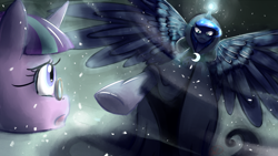 Size: 1200x675 | Tagged: safe, artist:ryuredwings, princess luna, snowfall frost, starlight glimmer, alicorn, pony, a hearth's warming tail, luna's future, magic, painting, scene interpretation, spirit of hearth's warming yet to come