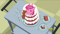 Size: 1382x777 | Tagged: safe, edit, edited screencap, screencap, shining armor, pony, unicorn, a flurry of emotions, apology cake, cake, discovery family logo, food, fork, meme, plate, twily face