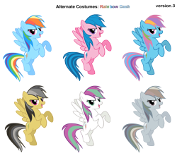 Size: 2900x2600 | Tagged: safe, artist:nethear, artist:pika-robo, blossomforth, daring do, firefly, rainbow dash, rainbow dash (g3), pegasus, pony, g1, g3, g4, alternate costumes, discorded, female, flying, g1 to g4, g3 to g4, generation leap, mare, palette swap, race swap, recolor, simple background, transparent background, vector