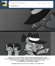 Size: 666x800 | Tagged: safe, artist:egophiliac, princess luna, oc, oc:frolicsome meadowlark, oc:sunshine smiles (egophiliac), bat pony, pony, bandaid, fedora, filly, grayscale, hardboiled, hat, monochrome, moonstuck, shadow, woona, woonoggles, younger