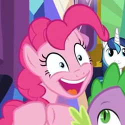 Size: 347x347 | Tagged: safe, screencap, pinkie pie, shining armor, spike, dragon, earth pony, pony, unicorn, celestial advice, cropped, faic, laughing, solo focus