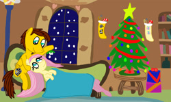 Size: 2850x1698 | Tagged: safe, artist:sb1991, fluttershy, oc, oc:film reel, pegasus, pony, blanket, canon x oc, christmas, christmas stocking, christmas tree, clothes, fluttershy's cottage, fluttershy's cottage (interior), holiday, mistletoe, present, snow, snowfall, stockings, thigh highs, tree