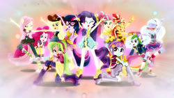 Size: 1600x900 | Tagged: safe, artist:limedazzle, artist:sailortrekkie92, edit, applejack, fluttershy, lemon zest, pinkie pie, rainbow dash, rarity, sci-twi, sour sweet, sugarcoat, sunny flare, sunset shimmer, twilight sparkle, dance magic, equestria girls, spoiler:eqg specials, clothes, converse, crystal prep shadowbolts, dress, group shot, high heels, humane five, humane seven, humane six, jeans, pants, pose, shoes, stockings, thigh highs, vector, wallpaper, wallpaper edit