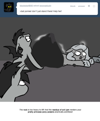 Size: 666x800 | Tagged: safe, artist:egophiliac, princess luna, oc, oc:frolicsome meadowlark, oc:sunshine smiles (egophiliac), bat pony, pony, alliteration, filly, grayscale, magic, monochrome, moonstuck, rock, trapped, woona, woonoggles, younger