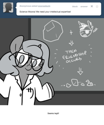 Size: 666x800 | Tagged: safe, artist:egophiliac, princess luna, oc, oc:sunshine smiles (egophiliac), alicorn, pony, chalkboard, clothes, eyepatch, filly, glasses, grayscale, lab coat, logic, monochrome, moonstuck, rock, science woona, shrug, woona, younger