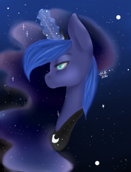 Size: 650x850 | Tagged: safe, artist:jlkatlass, princess luna, alicorn, pony, bust, magic, portrait, solo, space