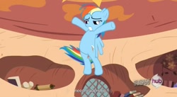 Size: 1565x857 | Tagged: safe, screencap, rainbow dash, pegasus, pony, animation error, hub logo, youtube caption, youtube link